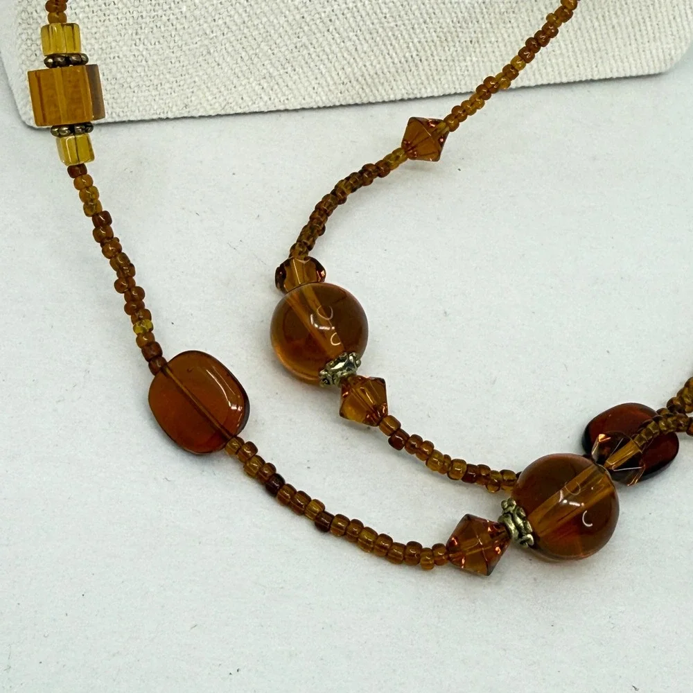 Long Amber Toned Beaded Necklace Geometric Glass Honey Cognac Brown Flapper 72in
